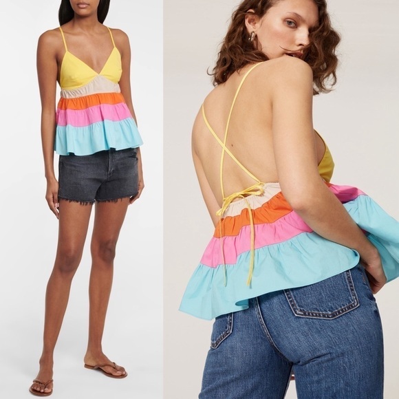 STAUD Colorblock Rainbow Stripe Sleeveless V-Neck Tiered Ruffle Babydoll Top S - Picture 3 of 13
